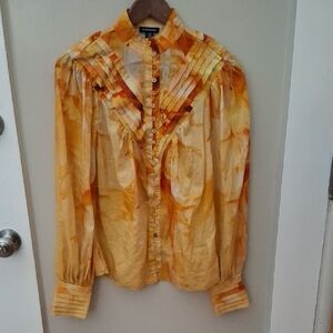 Karen Millen Orange and Yellow Pintuck Button Front Blouse_1